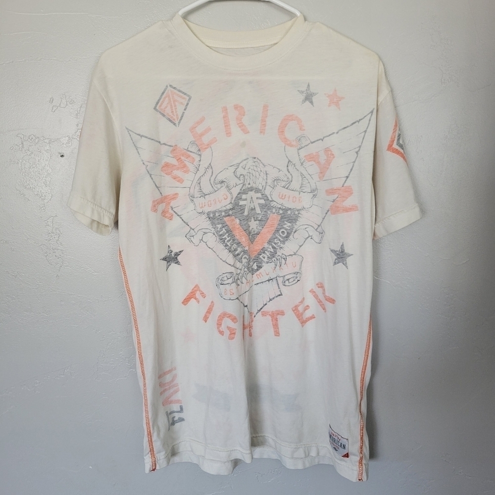 American Fighter Men's Medium White Short Sleeve Graphic Tee T-shirt Orange Blue